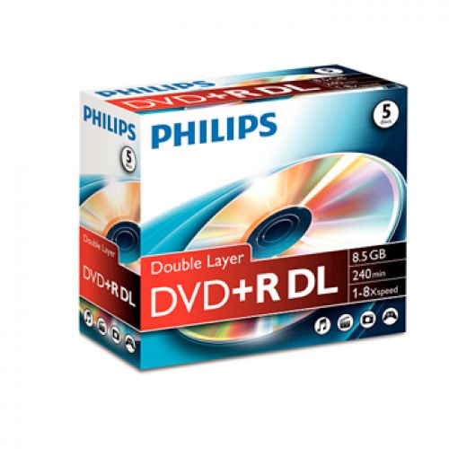DVD+R 8.5GB 8x Dual Layer Philips Jewell Case 5un , Philips , PHIDR8S8J05C , 8710895992138